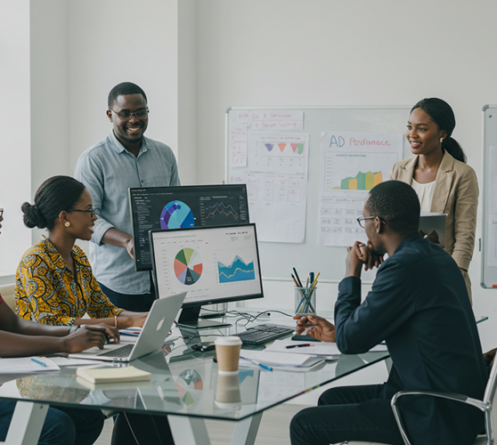 Professional business meeting with team discussing strategy around a conference table